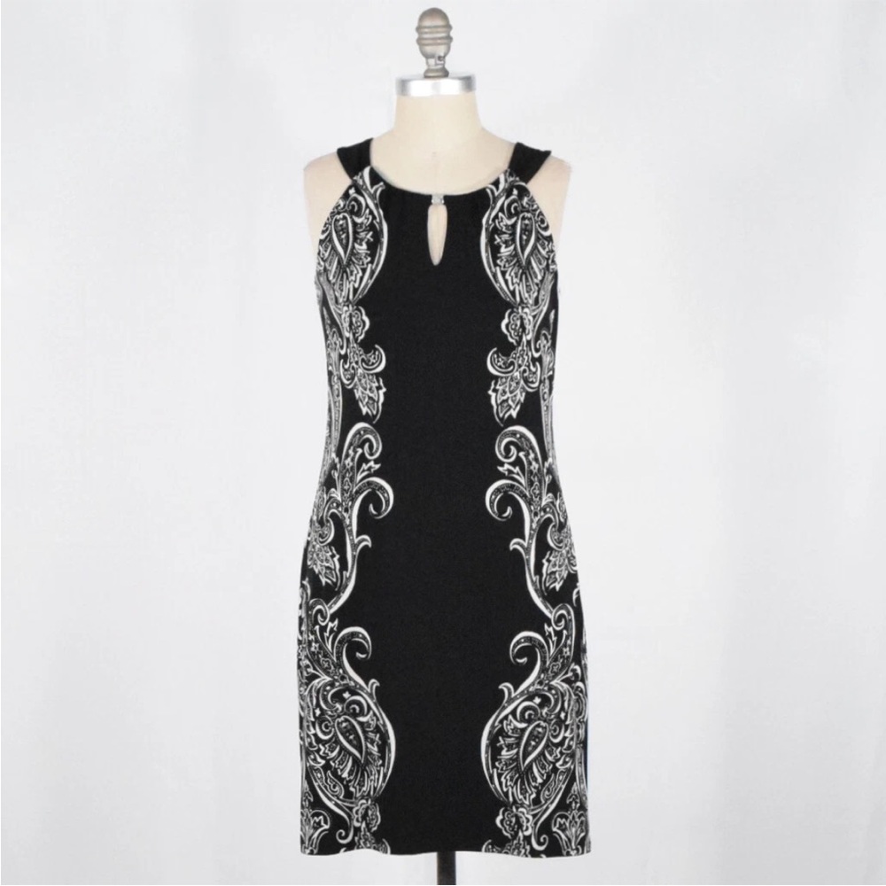 EUC White House Black Market Paisley Matte Jersey Knit Mini Keyhole Shift